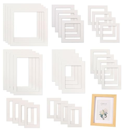 GLOBLELAND Lot de 32 Passe-Partout en Carton Blanc de 8 Tailles Rectangulaire Carré pour Photos Cartes Cadres Photo pour Photos de Remise de Diplôme Affiches Impressions Œuvres d'art Peintures
