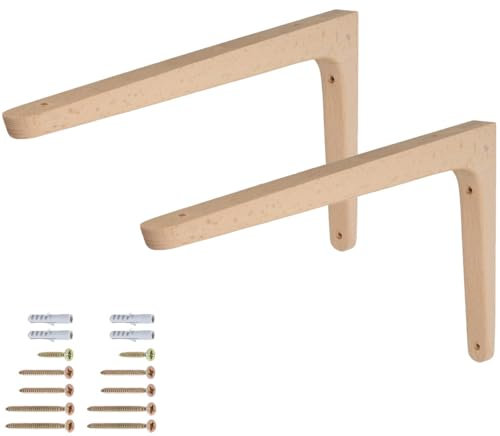 MS Beschläge Lot de 2 supports d'étagère en bois de hêtre pour montage mural - Avec kit de fixation - Supports d'étagère murale (300 mm x 200 mm)
