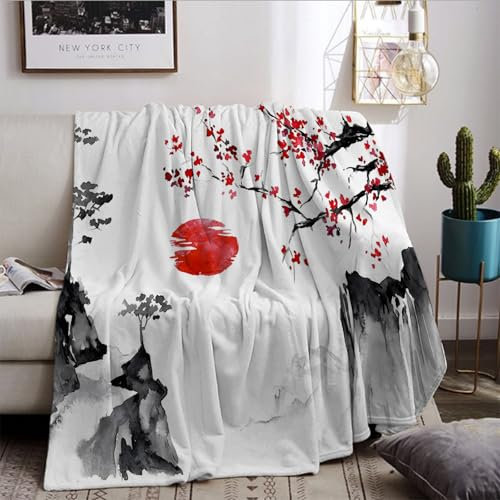 HZVRTN Japanische Ukiyoe Decke 150x200cm, Kirschblüten mit roter Sonne, Kuscheldecke fürTeenager und Erwachsene, Tinte im japanischen Stil, Wohndecke im exotischen Design