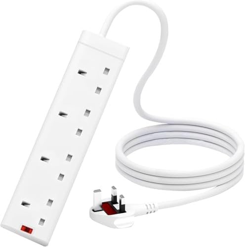 4 Way Extension Lead 3M with Surge Protection, UK Plug Extension Socket, 3 Metre Electric Extension Cable, Multi Plug Power Strip Extension Cord – White, UK Socket Extensions