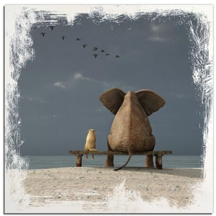 Wallario Wandbild aus Holz Elefant und Hund sitzen auf Einer Bank - 50 x 50 cm in Premium-Qualität: Brillante Farben