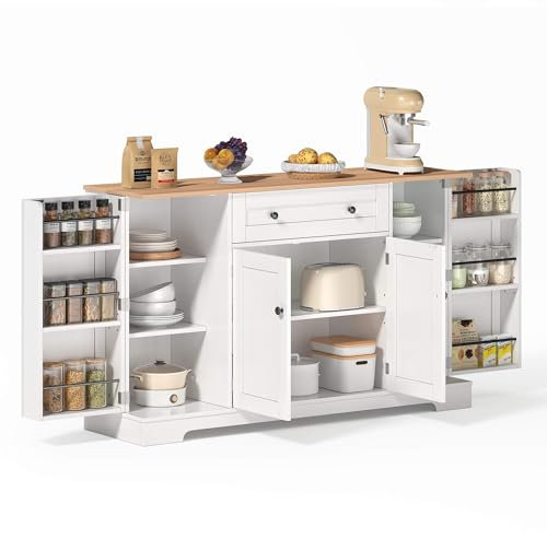 DRIXNO Multifunktionales Küchenbuffet – 138 cm Sideboard mit Schublade, Regaltüren & Verstellbaren Einlegeböden – mit Kippschutz, Küche, Wohnzimmer & Schlafzimmer Natürlich+Weiß
