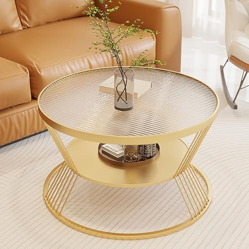Table Basse Ronde en Verre Table Basse Moderne Plateau en Verre Trempé et Cadre en Fer Forgé Stylisme pour Salon, Bureau À Domicile – Facile À Assembler(Gold-B,45x45CM/18x18)