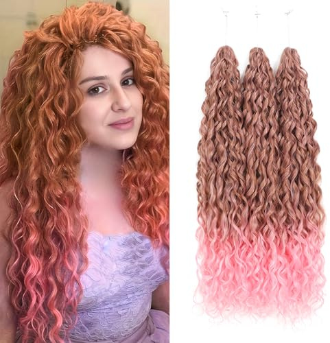 WoWCFyyds 24Inch Deep Wave Twist Curly Crochet Hair Extensions Pack Deep Wavy Air Curl Bulk Hair Synthetic Boho Braids Water Wave Crochet Hair Extension for Women (T30/pink, 24Inch-3Pack)