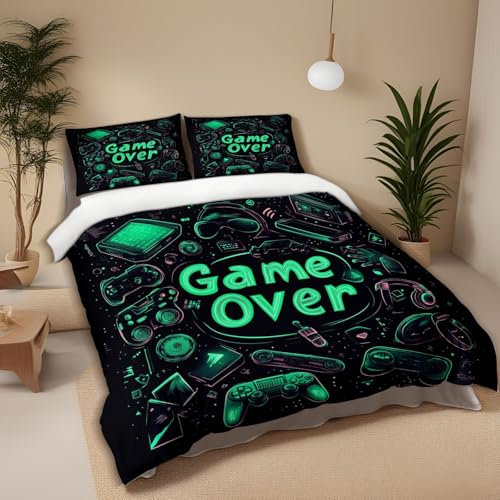 Bettwäsche Set 135x200 cm Grünes Neon-Game-Over-Schild Kinderbettwäsche Bettbezug Mädchen Teenager Kinder Bettbezug Bettwäsche-Sets