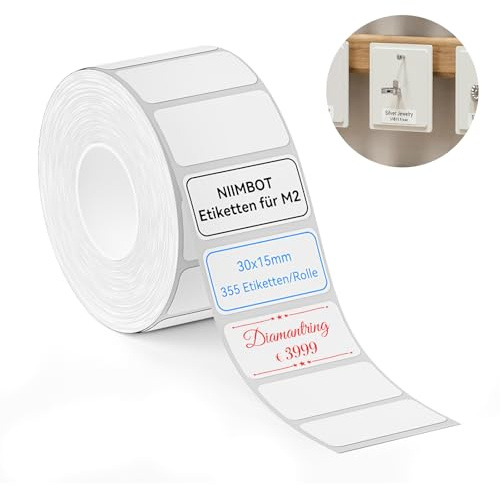NIIMBOT M2 Thermotransfer Etiketten 30x15 mm, Selbstklebendes Etikettenband nur für M2 Etikettendrucker, 355 Etiketten/Rolle, Weiß
