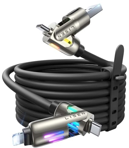 LISEN USB C to Lightning Cable, 240W 4 in 1 Charging Cable 10FT, Chubby USB A/C to C/Lightning with Light for iPhone 16e 16 15 14 Pro/MacBook/iPad/Samsung S25/Switch, Multi Chargers for All Devices