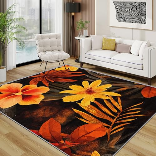 TerroVee Blumen Teppich 140x200 cm, Tropisch Geblümt Botanisch Teppich Wohnzimmer, Leuchtend Pflanzen Kurzflor rutschfest Pflegeleicht Teppiche Für Jugendzimmer Schlafzimmer, Orange Gelb