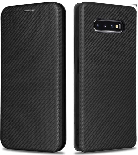 KOGENG Handyhülle für Samsung Galaxy S10 Plus Hülle mit Wallet Kartenfach RFID-Blockierung, Carbon Fiber Textur Magnetisch Klapphülle Schutzhülle für Samsung S10 Plus 5G Case Cover (Schwarz)