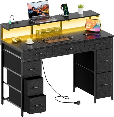 HLONONE Schreibtisch mit 8 Schubladen, Computertisch mit 2 Steckdosen und 2 USB Ladeanschluss, Bürotisch mit LED und Monitorständer, PC Tisch für Büro, Wohnzimmer, 120 x 50 x 74 cm, Schwarz