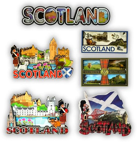 SAJAK Scotland Fridge Magnets Set of 6 – 3D Wooden Souvenir Gift– Scottish Icons Including Edinburgh Castle, Forth Bridge, Highland Cow, Piper, Thistle & Saltire Flag – UK Home Décor, Travel Keepsake