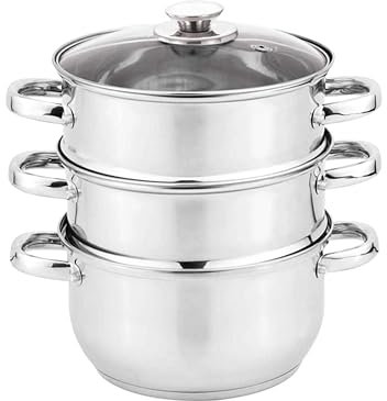 Vaporera de acero inoxidable de 3 pisos, 20 cm, con tapa de cristal, apta para inducción, para Momos Dim Sum, verduras, Idli, vapor, apilable, con adhesivo Kajal