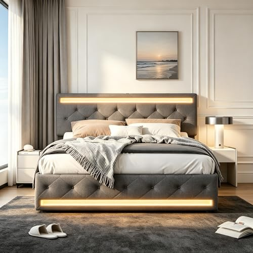 EZSSW Polsterbett 140x200 mit Stauraum und Schubladen, LED-Beleuchtung an Kopf- und Fußteil, USB & Type-C, höhenverstellbares Kopfteil, Leinenstoff, Metallrahmen, Doppelbett mit Lattenrost, Grau