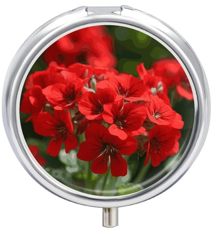Red Geraniums Pill Box Cute Round Pill Case Portable Medicine Tablet Vitamin Holder Organizer for Purse Pocket