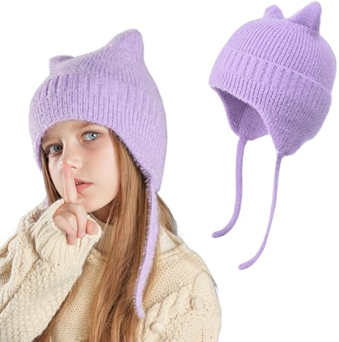 AYPOW Kinder Süße Katzenohren Strickmütze für 3-12 Jahre, Ohrenklappen Warme Winddicht Wintermütze Elastisch Bequeme Thermo Mütze Hut Beanies Jungen Mädchen Outdoor-Aktivitäten Stilvoll Kopfbedeckung