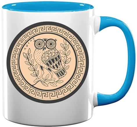 Tee-/Kaffeetasse aus Keramik, Motiv: antike Athenische Amphore Eule, Hellblau