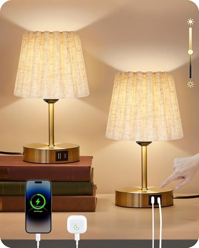 GOEBLESON Nachttischlampen 2er Set Touch Dimmbar mit USB Ladefunktion | Gold und Weiß, kleine Tischlampe aus Leinen und Metall, mit E27 Birnen, Speicherfunktion, für Nachttisch, Schlazimmer, Hotel