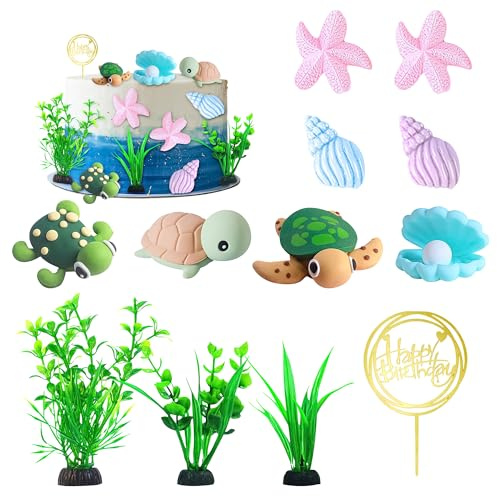 Tortendeko Meeresschildkröte Niedlich Muschel Seestern Torten Deko Happy Birthday Meeresmotto Kuchendeko für Erwachsener Kinder für Sommer Meer-Tiere-Thema Geburtstag Babyparty