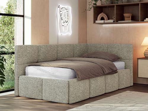 Jugendbett ARVO 90x200 cm mit Lattenrost und Bettkasten, Polsterbett mit gepolstertem Kopfteil und Gasdruckfedern, Eckbett mit Stauraum - mit Multipocket-Matratze - Grau Strukture - Rechts Seite