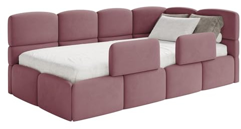Selsey Jugendbett 120x200cm Rosa mit Matratze und Lattenrost, gepolstertes Polsterbett mit Stauraum und Bettkasten, Kinderbett mit 2 Schutzbarrieren, Jugendbett rechtsseitig mit Eckkopfteil
