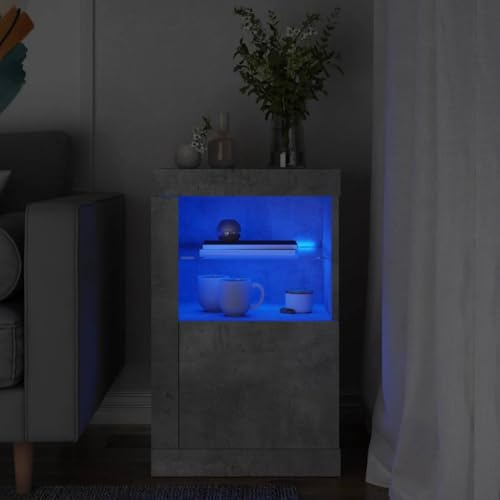 GeenYuu Armoire d'appoint en bois gris béton avec lumières LED, espace de rangement, étagère en verre, montage de porte flexible, port USB, idéale pour bureau, couloir, cave et buanderie