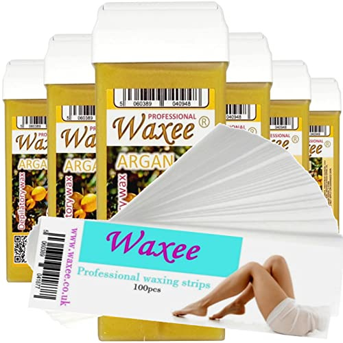 6x 100ml roll-on wax roller wax cartridge refill + 100 waxing strips from UK brand Waxee!- Argan.