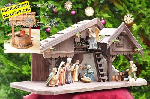 ÖLBAUM-Krippe KS70du-MFPO-BRK- 70 cm Weihnachtskrippe, mit Holz-Brunnen + Dekor, Massivholz Dunkelbraun - mit Premium-Krippenfiguren + Engel