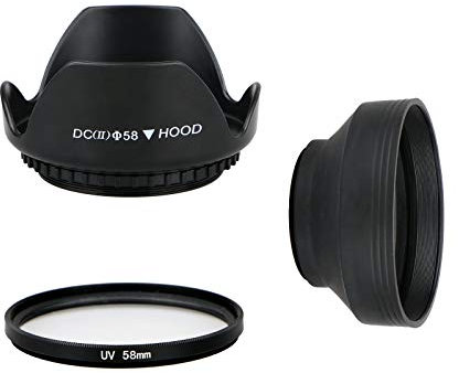 58mm Pare Soleil pour Appareil Photo Canon, lot de 2 Pare Soleil Dur/Souple 58mm + Kit d'objectif Filtre UV 58mm pour Canon Rebel T7i T6S T6i T6 T5i T5 T4i T3i T3 T2i T1i XT XTi XSi SL1