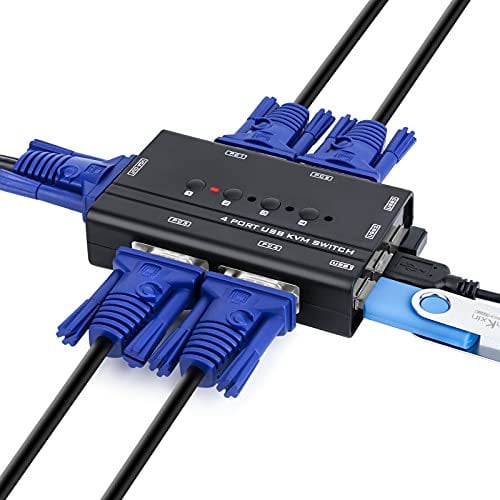 TCNEWCL Commutateur VGA KVM Switch 4 Port, 1080P Switch KVM VGA et USB pour brancher 4 PC sur 1 écran Clavier, Souris, imprimante, Disque U, avec 4 câble KVM 2-in-1.