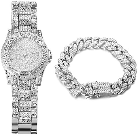 Halukakah Vergoldete Uhr Iced Out, Herren Platin Weißgold Plattiert Quarzarmband 8.7,mit Kubanischer Kette 8 Armbandset,Volle Cz Labordiamants Zinken-Set,KOSTENLOSE Geschenkbox