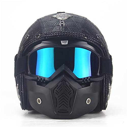 MRDEAR Casque Moto Jet Noir, Casque Scooter Demi Vintage Fait Main Cuir PU Rétro Casque Ouvert Intégral Adulte Femme Homme Chopper Biker Pilot avec Visière Lunettes Masque,S