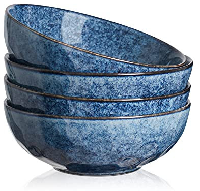 vicrays Lot de 4 bols à dessert en céramique - Aspect vintage - Bleu - Grande capacité de 940 ml - 18 x 18 x 6,3 cm