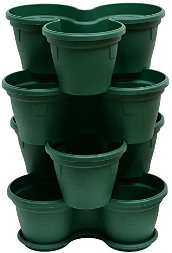 Engelland 4X Blumentopf, Säulentopf, Pflanzturm, Hochbeet, Pflanztopf-Kübel mit Untersetzer, stapelbar, widerstandsfähig, Kunststoff, für Außenbereich, 44 Liter, Farbe: Moos-Grün