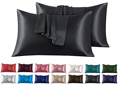 Satin Kissenbezug 50 x 90 cm 2 Stück- 100% Satin, Superweicher Kopfkissenbezug, Kissenhülle Schwarz