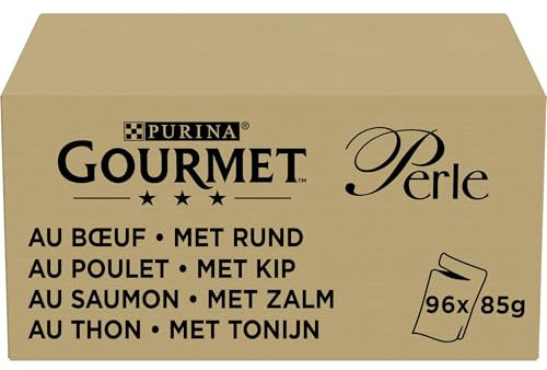 GOURMET | Perle | Les Filettines en Sauce | Aliment Complet pour Chat Adulte | Sachets Fraîcheur | Au Boeuf, Au Poulet, Au Thon, Au Saumon | 96 x 85 g