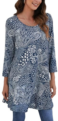Enmain Tunic Tops for Women UK Long Sleeve Casual Longline Ladies Tunic Dress for Leggings Round Neck Swing Top for Festival Party Gym Work,Navy Blue,L