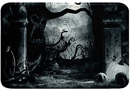 Homewish Halloween Badematten rutschfest für Badezimmer,Geister Terror Thema Badvorleger Teens Erwachsene Gothic Spooky Waschbar Abdeckung Bodenteppich Äste Fußmatten Teppiche,Schwarz Grau,40 x 60 cm