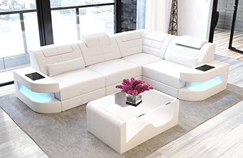 Sofa Dreams Ecksofa Como L Form Ledersofa - mit LED Beleuchtung, verstellbare Kopfstützen, Lederfarben wählbar/Ausrichtung wählbar (Ecke rechts, White)
