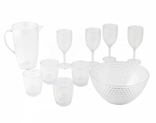 Cambridge COMBO-7985A Fete Essgeschirr Im Freien - 10-teilig Krug, Trinkgläser, Weingläsern und Schüssel Set, BPA-frei Kunstoff, Transparent Diamant-Design, Freien Partys, Ferienhäuser und Campen