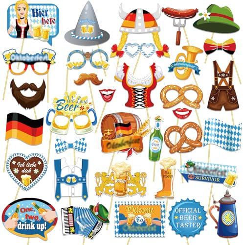 DPKOW Oktoberfest Photo Booth Props, 35pcs Bayrisch Partyfotoautomat Zubehör Wiesn Fotobox Fotorequisiten für Oktoberfest Spiel Gastgeschenke Deko, Bier Brezel Lebkuchen Flagge Brille Hut Schnurrbart