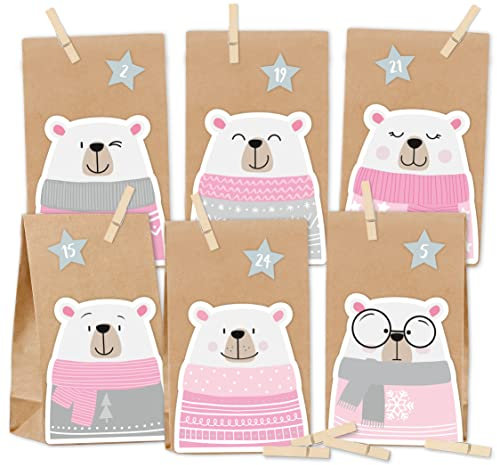 KuschelICH Adventskalender zum Befüllen Eisbär mit Holzklammern, Rosa