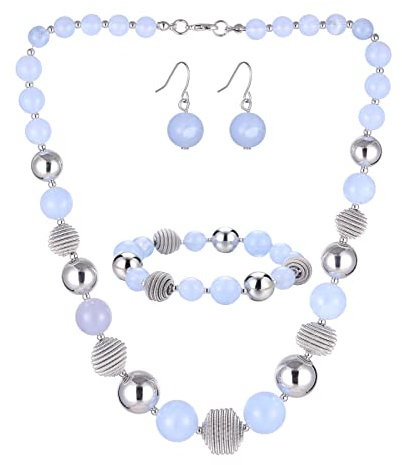 Bulinlin Perlen Damen Schmuck Set Silber Choker Halskette Ohrringe Creolen Statement Modeschmuck Weihnachtsgenchenke für Frauen(Light blue)