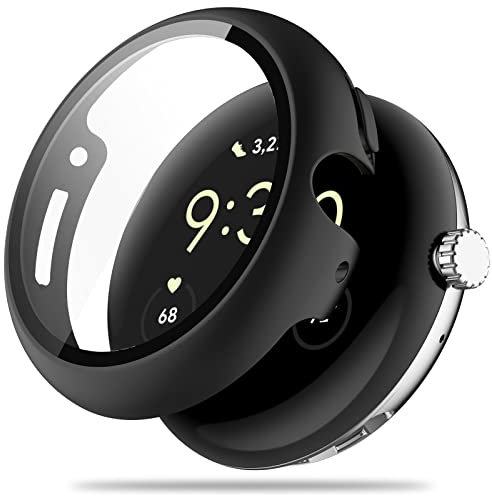 Miimall Schutzhülle Kompatibel mit Google Pixel Watch Hülle mit Gehärtetes Glas Displayschutz Rundumschutz Kratzfest Robust PC Schutz Case für Google Pixel Watch 1 2022 -Schwarz