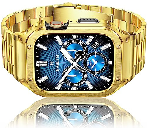 Amznew Correa de acero inoxidable para Apple Watch con funda compatible con Apple Watch 8/7 (45 mm), correas de metal iWatch y funda protectora para hombre，Oro