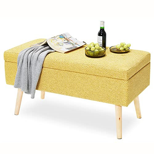 Moderne einfache Ottomane mit Aufbewahrung, Sitzbank aus Baumwolle und Leinen, gepolstertes Bettende, Premium-Ottomane mit Aufbewahrungstruhe, Multifunktions-Sofabank, Gelb, 80 x 3