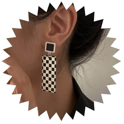 Cimenexe Böhmischen Schwarz Weiß Gestreiften Ohrringe Baumeln Quadratisch Karierten Tropfen Ohrringe Großen Quadratischen Gestreiften Karierten Ohrringe Geometrischen Acryl Karierten Ohrstecker