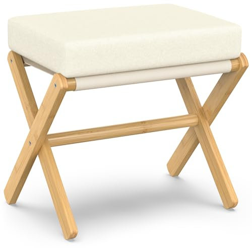 BAMBOOHOMIE Makeup Eitelkeit Hocker, Faltbarer Fußhocker mit Bambus X Beinen, Ottoman Fußstütze Stuhl für Vanity, Moderne Fußhocker klein gepolstert für Wohnzimmer (Natürlich - Beige)