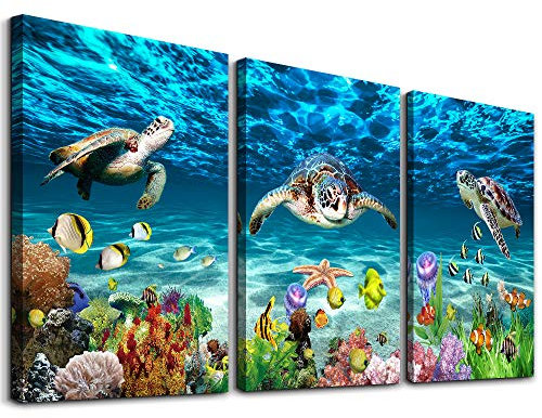 MHARTK66 Bilder Ozean Schildkröte, Blau Meer Unterwasser Landschaft Leinwand Bild, Modern Wanddekoration Kunstdrucke, Wandbilder Wohnzimmer Schlafzimmer Büro Esszimmer und Badezimme