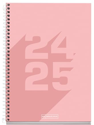 Miquelrius Schülerkalender 2024-2025, September 24 bis Juni 25, 150 x 213 mm, Tagesplaner, gefütterter Kartoneinband, Kalender 24 25, Spiralbindung Metall, Spanisch und Englisch, Basic Rosa