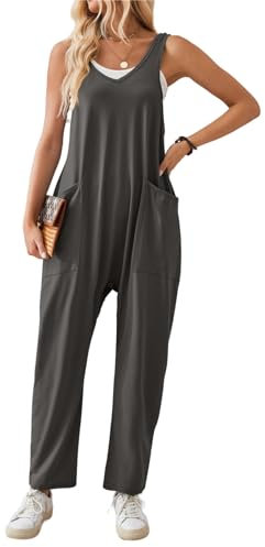 SotRong Summer Casual Sleeveless Baggy Jumpsuits for Women Uk V Neck Jersey Romper Wide Straps Tank Playsuit Solid Color One Piece Hot Shot Onesie with Pocket Dark Grey S